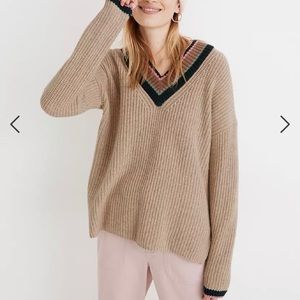 V-Neck Tan Sweater with Striped Trim
